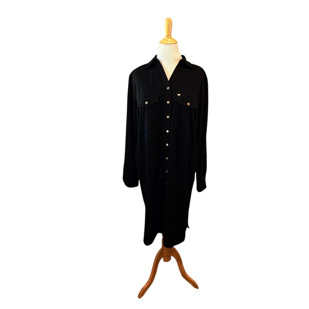 Tommy Hilfiger Black Roll Tab Sleeve Button Down Shirt Dress